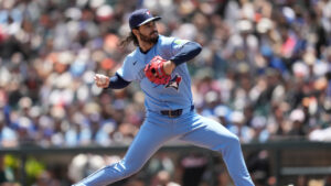 Toronto Blue Jays pitcher Dylan Cease throws against the San Francisco Giants during the first inning of a baseball game Wednesday, July 8, 2026, in San Francisco. (Jeff Chiu/AP)