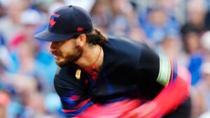 Toronto Blue Jays pitcher Dylan Cease (84) works against the St. Louis Cardinals during second inning MLB baseball action in Toronto on Friday, July 31, 2026. (Chris Young/THE CANADIAN PRESS)