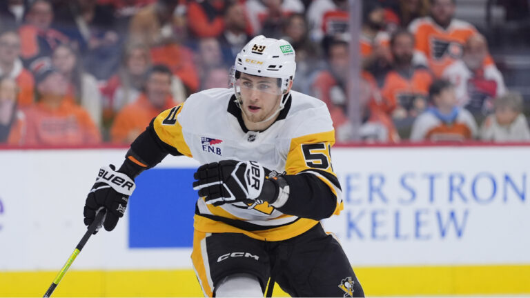 Pittsburgh Penguins' Egor Chinakhov plays during Game 3 in the first round of the NHL Stanley Cup hockey playoffs Wednesday, April 22, 2026, in Philadelphia. (Matt Slocum/AP)