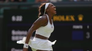 Coco Gauff of the United States celebrates her victory against Solana Sierra of Argentina in their second round women's singles match at the Wimbledon Tennis Championships in London, Wednesday, July 1, 2026. (Kin Cheung/AP)