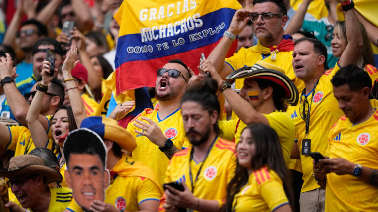Colombia fans react before the World Cup round of 16 soccer match between Switzerland and Colombia in Vancouver, British Columbia, Tuesday, July 7, 2026. (Lindsey Wasson/AP)