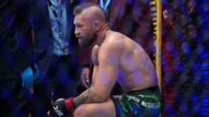 Conor McGregor reacts after losing to Max Holloway in a welterweight fight at the UFC 329 mixed martial arts event. (John Locher/AP)