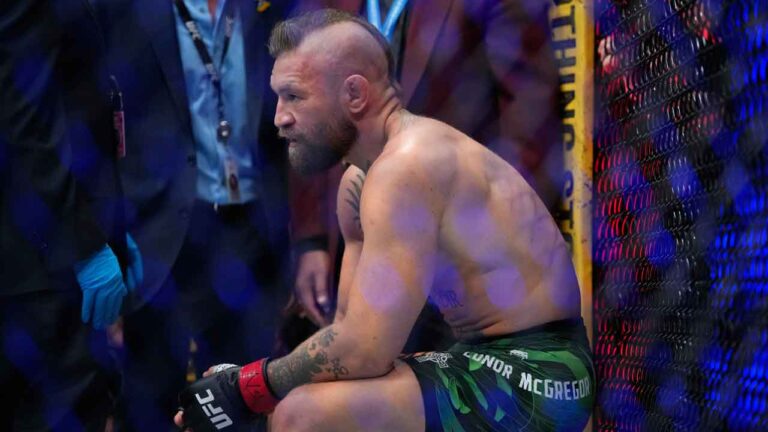 Conor McGregor reacts after losing to Max Holloway in a welterweight fight at the UFC 329 mixed martial arts event. (John Locher/AP)