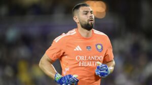 Orlando City goalkeeper Maxime Crepeau (71) follows a play during an MLS soccer match against the New York Red Bulls, Saturday, Feb. 21, 2026, in Orlando, Fla. (Phelan M. Ebenhack/AP Photo)