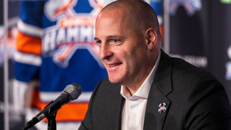 Mathieu Darche, general manager and executive vice president of the New York Islanders, speaks during an event unveiling the AHL's Hamilton Hammers inaugural season jerseys at TD Coliseum in Hamilton, Tuesday, July 7, 2026. (Nick Iwanyshyn/THE CANADIAN PRESS)
