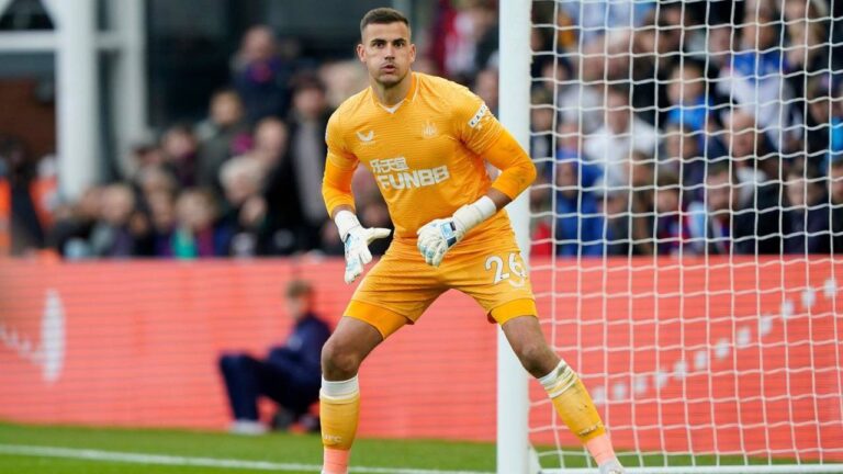The then-Newcastle's goalkeeper Karl Darlow in action during the second half of an English Premier League soccer match against Crystal Palace at Selhurst Park in London, Saturday, Oct. 23, 2021. (Steve Luciano/AP)