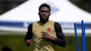 Canada's Alphonso Davies participates during a FIFA World Cup training session in Vancouver on Tuesday, June 23, 2026. (Ethan Cairns/CP)