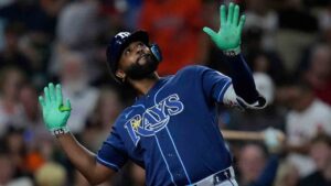 Tampa Bay Rays' Junior Caminero celebrates after hitting a solo home run during the seventh inning of a baseball game against the Houston Astros, Friday, July 3, 2026, in Houston. (Kevin M. Cox/AP)