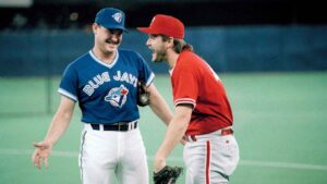 Toronto Blue Jays pitcher Duane Ward, left, has a laugh with Philadelphia Phillies pitcher Tommy Greene prior to start of game 2 in the World Series, Oct. 17 1993 at the Skydome in Toronto, Canada. (Mark Duncan/THE CANADIAN PRESS)