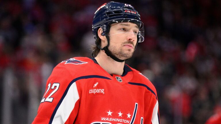 Washington Capitals left wing Brandon Duhaime (22) in action during the second period of an NHL hockey game against the New Jersey Devils, Friday, March 20, 2026, in Washington. (Nick Wass/AP)