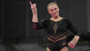 Canada's Elsabeth Black gestures as she competes on the vault during the women's team final and individual qualification of Artistic Gymnastics at the Commonwealth Games in Glasgow, Scotland, Saturday, July 25, 2026. (Kin Cheung/AP)