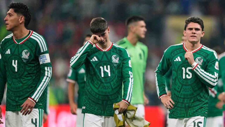Mexico players react following the World Cup round of 16 soccer match between Mexico and England in Mexico City, Sunday, July 5, 2026. (Natacha Pisarenko/AP)