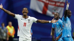 England's Marcus Rashford reacts during the World Cup round of 32 soccer match against Congo in Atlanta, Wednesday, July 1, 2026. (Erik S. Lesser/AP Photo)
