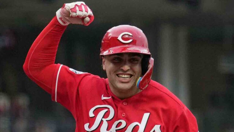 Cincinnati Reds' Sal Stewart celebrates after hitting a solo home run during the fourth inning of a baseball game against the Philadelphia Phillies in Cincinnati, Wednesday, July 8, 2026. (Carolyn Kaster/AP)