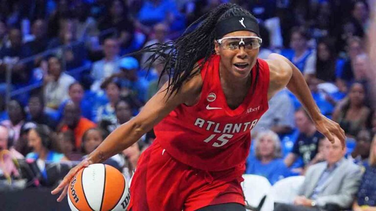 Atlanta Dream guard Allisha Gray (15) drives during the second half of a WNBA basketball game against the Dallas Wings in Arlington, Texas, Wednesday, July 29, 2026. (LM Otero/AP)
