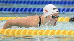 Summer McIntosh swims to a new world record during the women's 200m butterfly final at the Canadian Swimming Trials in Montreal, on Sunday, July 5, 2026. (Graham Hughes/CP)