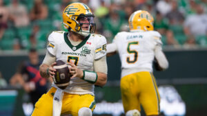 Edmonton Elks quarterback Cody Fajardo (7) looks to make a pass during first half CFL football action against the Saskatchewan Roughriders in Regina on Thursday, July 23, 2026. (Kayle Neis/CP)