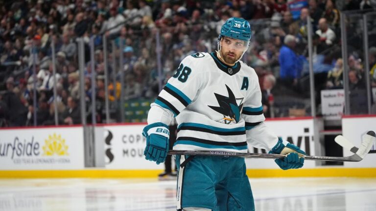 San Jose Sharks defenceman Mario Ferraro (38) in the third period of an NHL hockey game Wednesday, Feb. 4, 2026, in Denver. (David Zalubowski/AP)