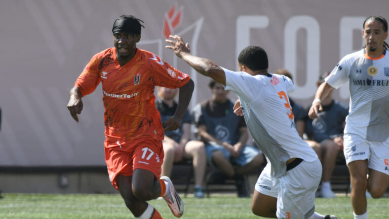 Forge FC’s Hoce Massunda (17) battles CS Saint-Laurent’s Cedric Toussaint (3) during first half Canadian Championship quarterfinal soccer action in Hamilton on Sunday, July 12, 2026. (Barry Gray/CP)