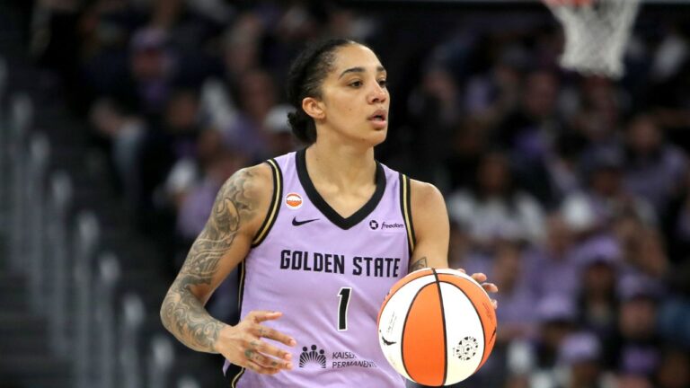 Golden State Valkyries forward Gabby Williams (1) dribbles up court during a WNBA basketball game against the Phoenix Mercury in San Francisco, Sunday, May 10, 2026. (Scot Tucker/AP Photo)