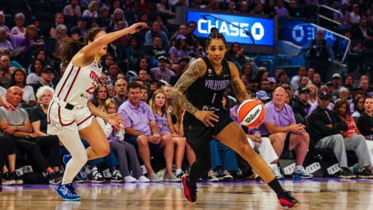 The Golden State Valkyries forward Gabby Williams (1) drives down the court against Washington Mystics guard Sonia Citron (22) in the first half of a WNBA basketball game in San Francisco on Saturday, July 18, 2026. (Yalonda M. James/San Francisco Chronicle via AP)