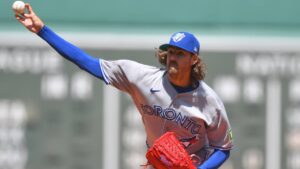 Toronto Blue Jays' Kevin Gausman delivers a pitch to a Boston Red Sox batter in the first inning of a baseball game, Sunday, July 26, 2026, in Boston. (Steven Senne/AP)