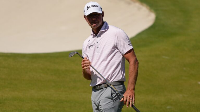 Lucas Glover watches his shot 15th hole during the final round of the Truist Championship golf tournament at the Quail Hollow Club, Sunday, May 10, 2026, in Charlotte, N.C. (AP/Chris Carlson)