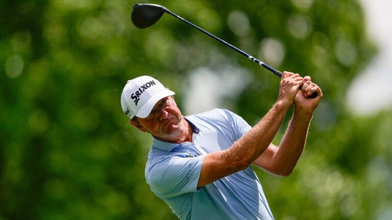 Lucas Glover hits on the 18th tee during first round of the Truist Championship golf tournament at the Quail Hollow Club, Thursday, May 7, 2026, in Charlotte, N.C. (Chris Carlson/AP)