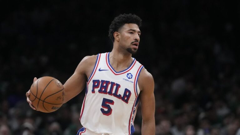 Philadelphia 76ers guard Quentin Grimes (5) during the second half of Game 2 of a first-round NBA playoffs basketball series, Tuesday, April 21, 2026, in Boston. (Charles Krupa/AP)