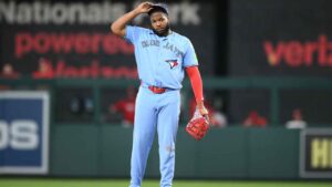 Toronto Blue Jays first baseman Vladimir Guerrero Jr. looks on during the first inning of a baseball game against the Washington Nationals.. (Nick Wass/AP)