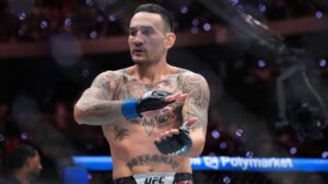 Max Holloway reacts after he won against Conor McGregor in a welterweight fight at the UFC 329 mixed martial arts event Saturday, July 11, 2026, in Las Vegas. (John Locher/AP)