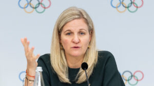 International Olympic Committee (IOC) President Kirsty Coventry speaks during a press conference at the end of the first day of the 146th Session of the IOC at the SwissTech Convention Centre, in Lausanne, Switzerland, Wednesday, June 24, 2026. (Cyril Zingaro/Keystone via AP)