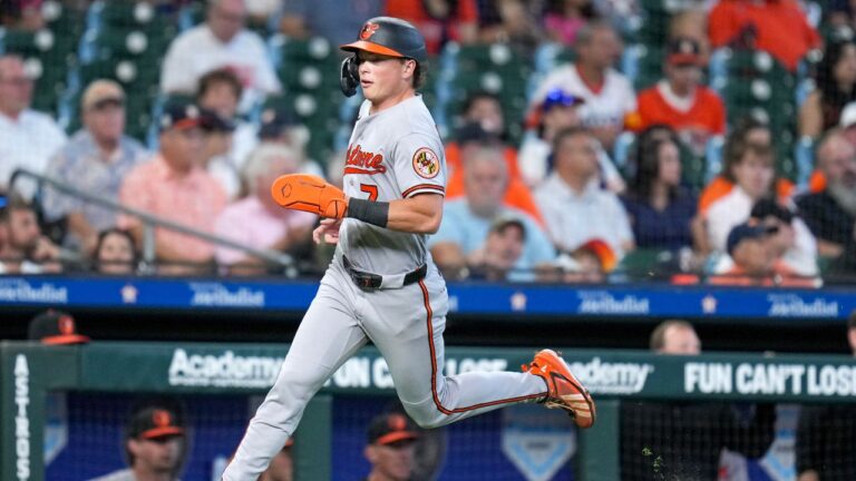 Baltimore Orioles' Jackson Holliday runs home to score on an RBI single hit by Gunnar Henderson during the third inning of a baseball game against the Houston Astros, Sunday, July 19, 2026, in Houston. (Eric Christian Smith/AP)