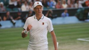 Jannik Sinner of Italy celebrates a point against Alexander Zverev of Germany in the men's singles final at Wimbledon Tennis Championships. (Kirsty Wigglesworth/AP)