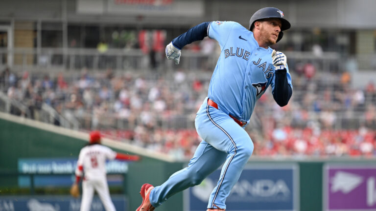 Toronto Blue Jays' Myles Straw heads home to score on an RBI double by Ernie Clement during the third inning of a baseball game against the Washington Nationals, Monday, July 27, 2026, in Washington. (John McDonnell/AP)