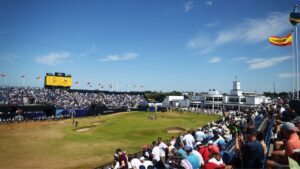 England's Joe Dean playing on the 18th green during a qualifying round for the British Open Golf Championship at Royal Birkdale, Southport, England, Monday, July 13, 2026. (Peter Morrison/AP)
