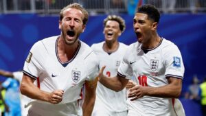 England's Harry Kane (9) celebrates after scoring his side's first goal next to his teammate Jude Bellingham (10) during the World Cup round of 32 soccer match between England and Congo in Atlanta, Wednesday, July 1, 2026. (Butch Dill/AP)