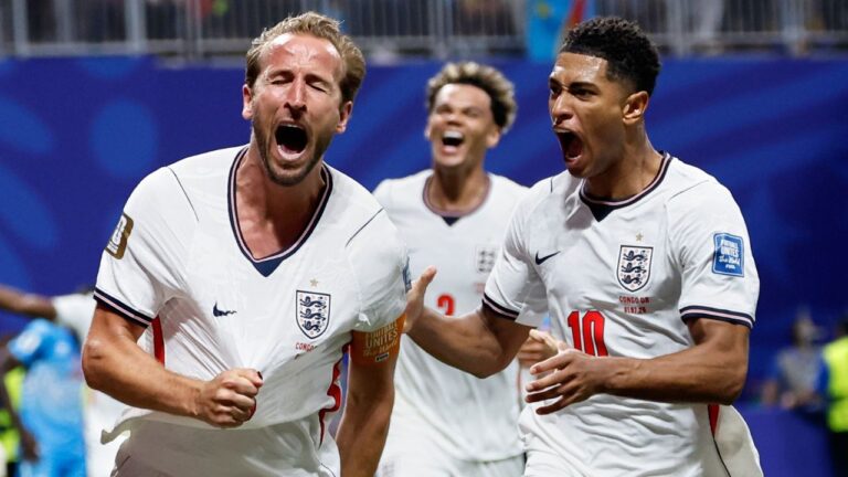 England's Harry Kane (9) celebrates after scoring his side's first goal next to his teammate Jude Bellingham (10) during the World Cup round of 32 soccer match between England and Congo in Atlanta, Wednesday, July 1, 2026. (Butch Dill/AP)