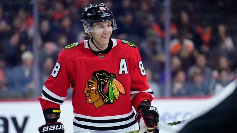 Chicago Blackhawks' Patrick Kane smiles during an NHL hockey game Jan. 19, 2023, in Philadelphia. (Matt Slocum/AP)