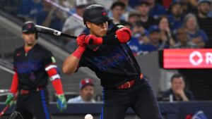 Toronto Blue Jays' Kazuma Okamoto (7) is hit by a pitch during first inning MLB baseball action in Toronto on Friday, July 17, 2026. (Jon Blacker/CP)