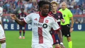 Toronto FC's Deandre Kerr (29) in an MLS soccer match against the New England Revolution, Wednesday, July 22, 2026, in Foxborough, Mass. (Mark Stockwell/AP Photo)
