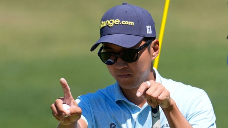 Michael Kim lines up a putt at the RBC Heritage golf tournament, Wednesday, April 15, 2026, in Hilton Head Island, S.C. (Mike Stewart/AP Photo)