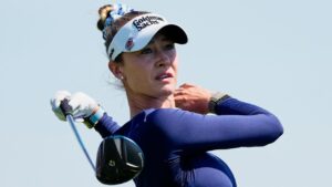 Nelly Korda hits her tee shot on the third hole during the third round at the Women's PGA Championship golf tournament at the Hazeltine National Golf Club, Saturday, June 27, 2026, in Chaska, Minn. (Chris Carlson/AP)