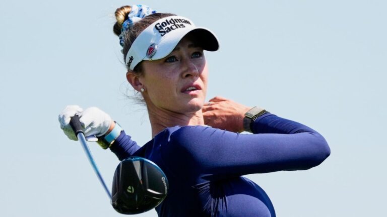 Nelly Korda hits her tee shot on the third hole during the third round at the Women's PGA Championship golf tournament at the Hazeltine National Golf Club, Saturday, June 27, 2026, in Chaska, Minn. (Chris Carlson/AP)