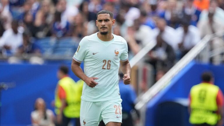 France's Maxence Lacroix runs into position during the World Cup Group I soccer match between Norway and France in Foxborough, Mass., near Boston, Friday, June 26, 2026. (Dave Shopland/AP)