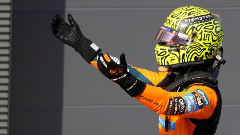 McLaren driver Lando Norris of Britain celebrates after winning the Formula One Hungarian Grand Prix auto race, at the Hungaroring racetrack in Mogyorod, near Budapest, Hungary, Sunday, July 26, 2026. (Darko Bandic/AP)