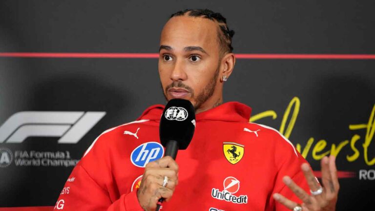 Ferrari driver Lewis Hamilton of Britain attends a news conference ahead of the British F1 Grand Prix, in Silverstone. (Darko Bandic/AP)