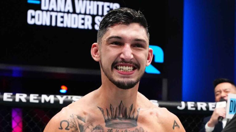 Louis Jourdain of Canada reacts after a victory against Magno Dias of Brazil in a bantamweight bout during Dana White's Contender Series season nine, week eight at UFC APEX. (Chris Unger/Zuffa LLC)