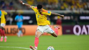 Colombia's Luis Diaz (7) takes a free kick during the World Cup Group K soccer match between Colombia and Congo in Zapopan, near Guadalajara, Mexico, Tuesday, June 23, 2026. (Fernando Llano/AP)