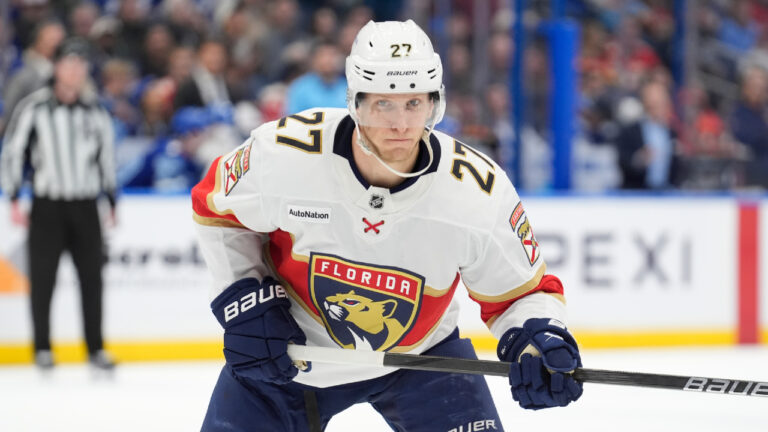 Florida Panthers centre Eetu Luostarinen (27) against the Tampa Bay Lightning during the first period of an NHL hockey game Thursday, Feb. 5, 2026, in Tampa, Fla. (Chris O'Meara/AP)